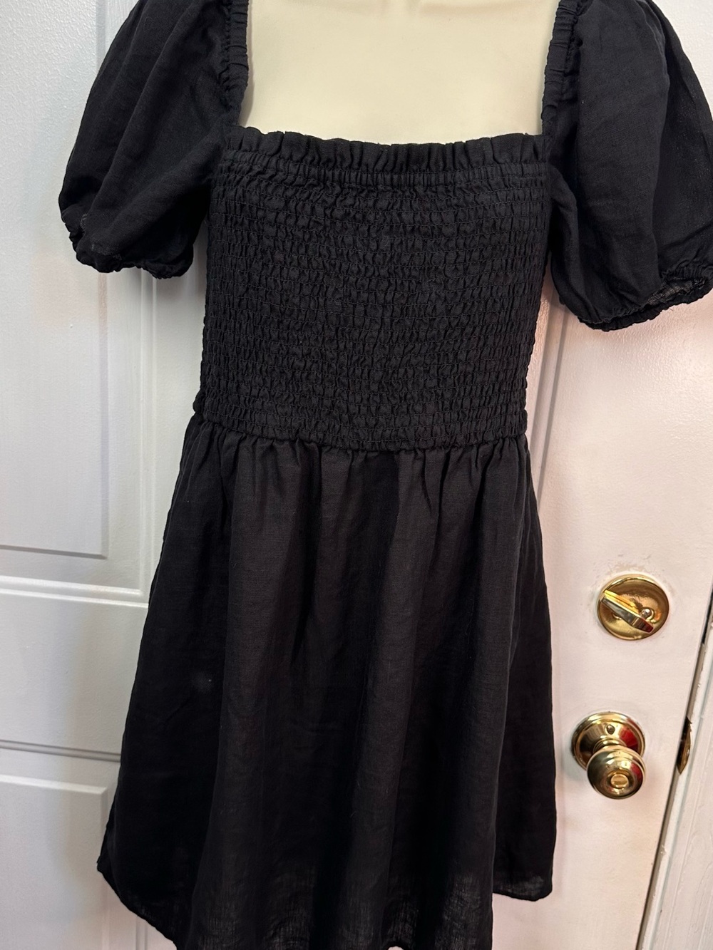J. Crew Black Smocked Mini Dress with Puff Sleeves